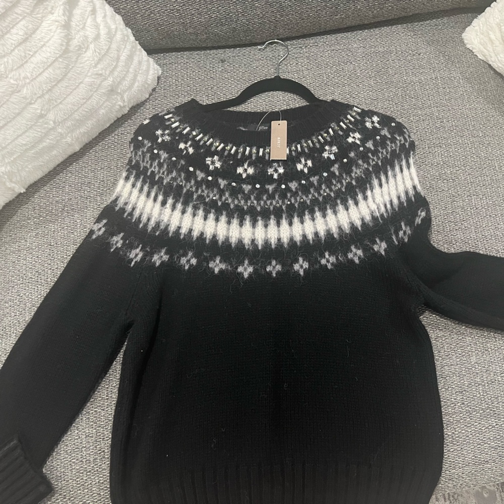 J Crew Women's L Sweater Black Jewel Embellished Fair Isle Wool K5301 NWT BF21